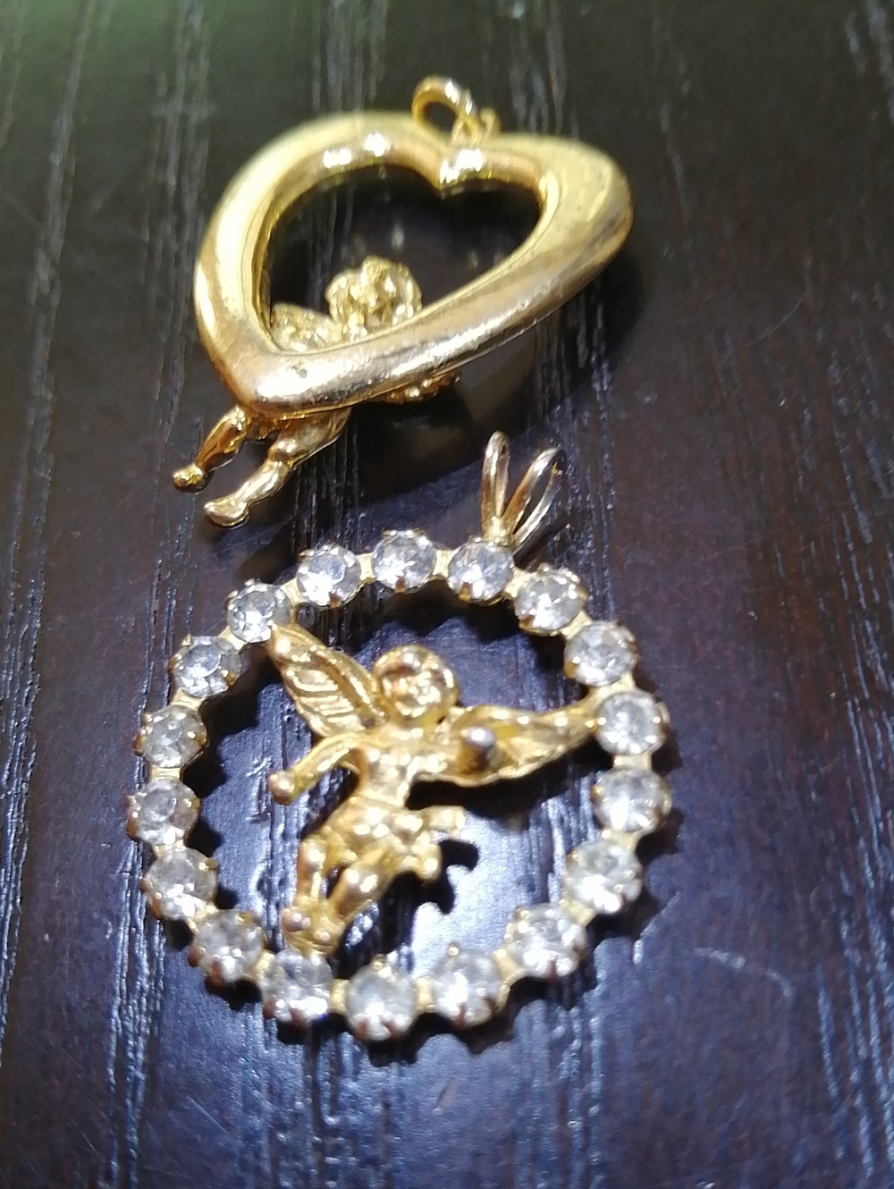 2 Gold Plated Angel Very Cute Detailed Vintage Pendants With Sparkling Crystals